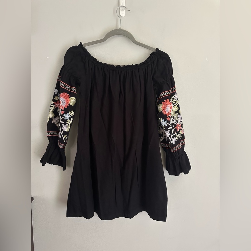 Free People Fleur Du Jour Black Floral Embroidered Off Shoulder Dress Black S - Picture 11 of 15
